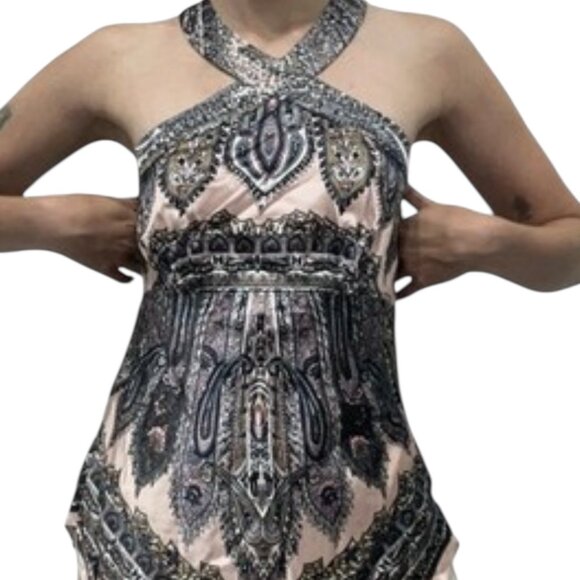 Cache Y2K Silk Handkerchief Halter Top Pink Paisley Rhinestone Embellished Small - Picture 1 of 6